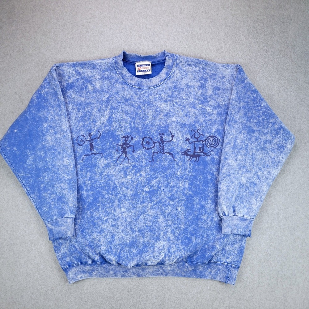Hanes Stone Aged Rockwear Sweatshirt Mens Large Blue Acid Wash Petroglyph 90s